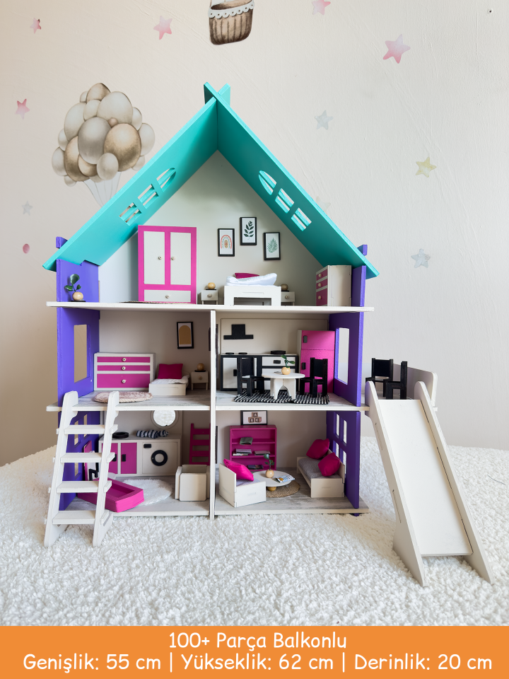 Renkli Oyun Evi – Balkonlu Ahşap Çocuk Oyun Evi