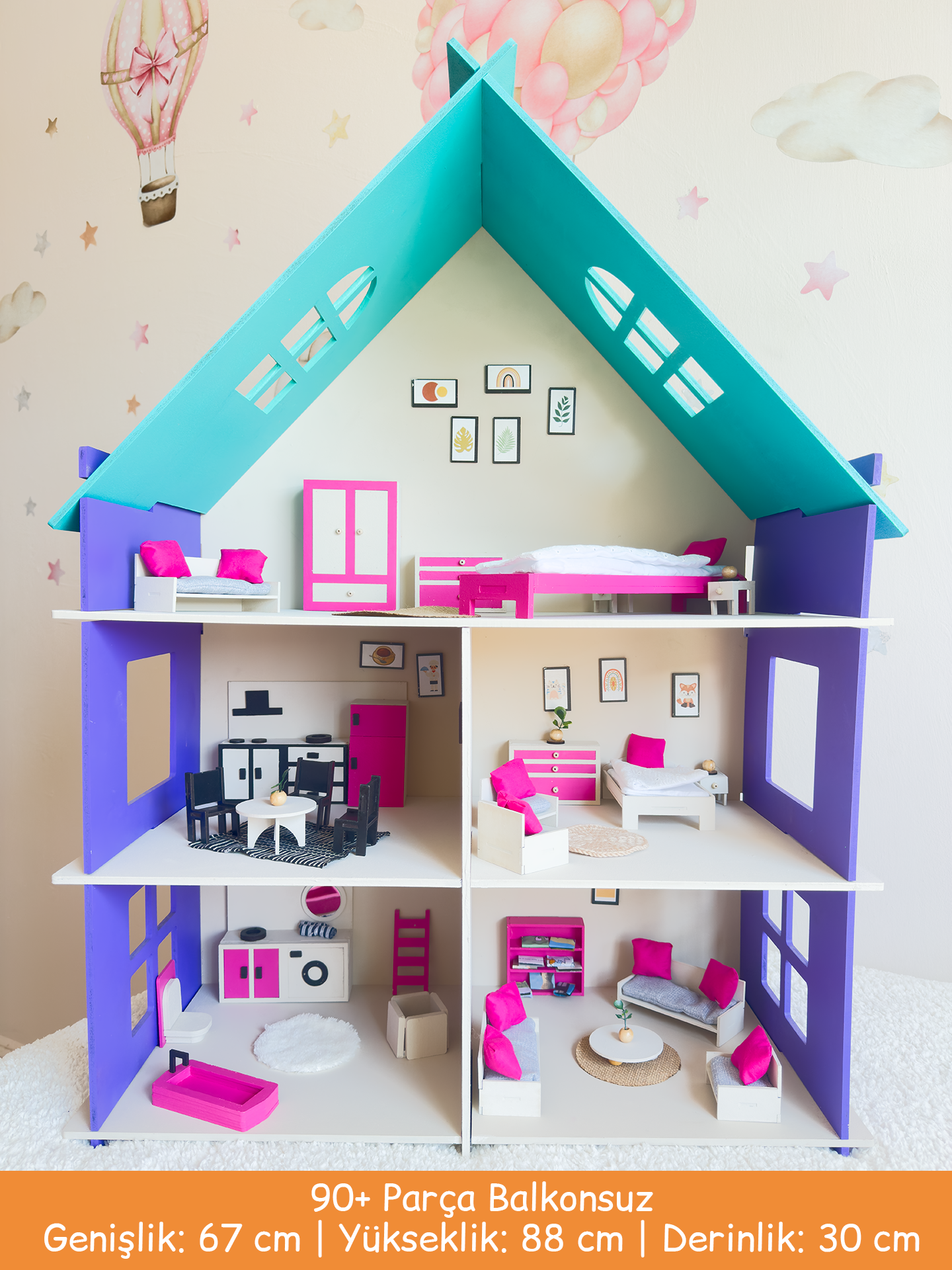 Büyük Renkli Oyun Evi – Balkonsuz Ahşap Çocuk Oyun Evi