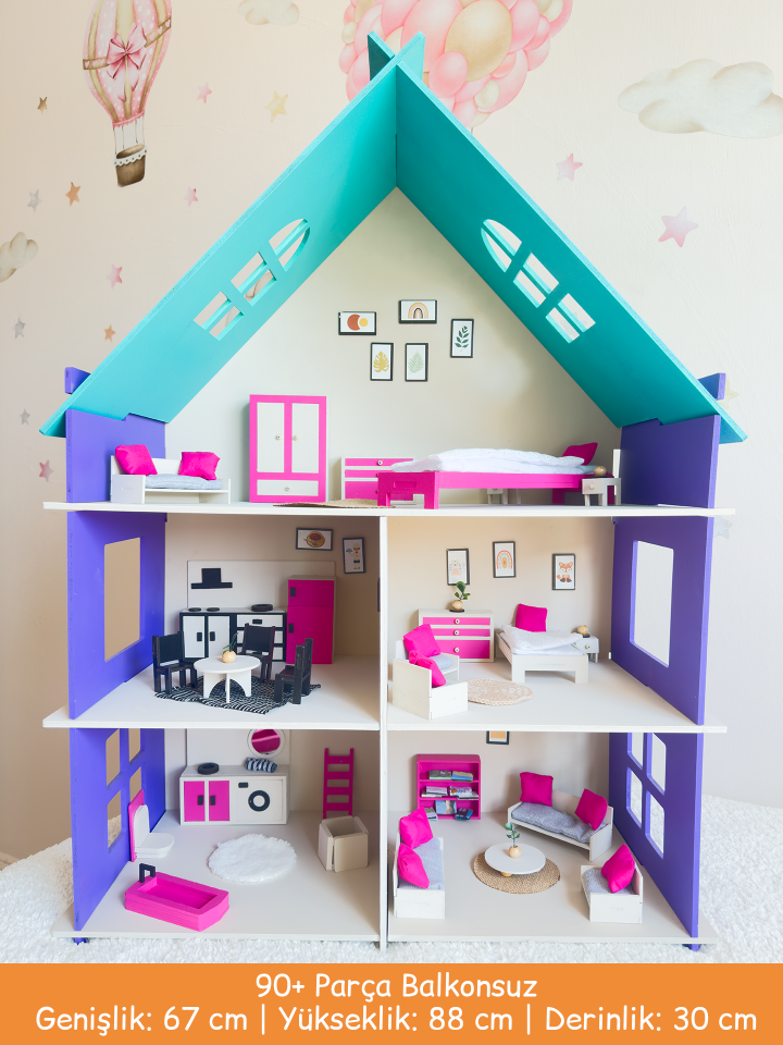 Büyük Renkli Oyun Evi – Balkonsuz Ahşap Çocuk Oyun Evi