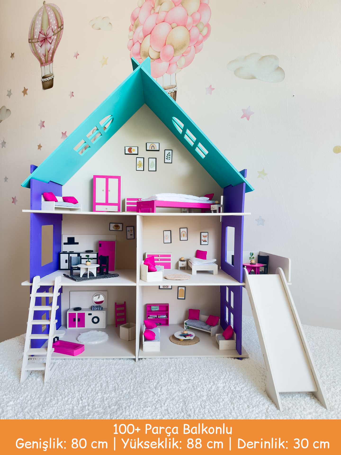 Büyük Renkli Oyun Evi – Balkonlu Ahşap Çocuk Oyun Evi